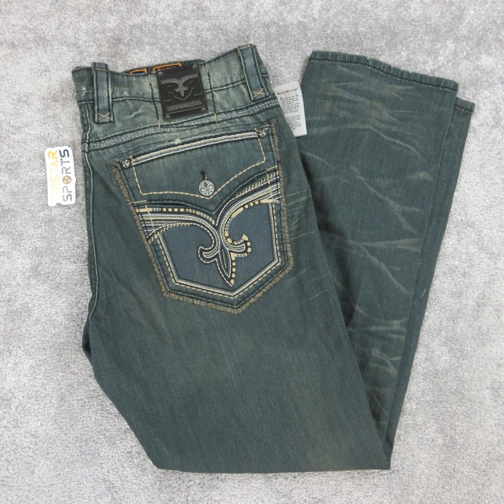 Rock Revival Sycamore Jeans Mens Size 44 Alt Straight Denim Distressed Whiskers